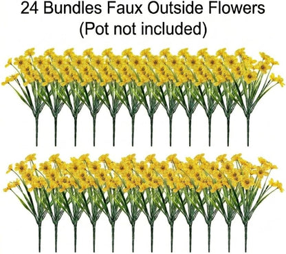 24 Bundles Artificial Flowers, UV Resistant No Fade Plastic Fake Plants, Indoor Outdoor Decorative Faux Flowers for Garden Patio Porch Window Hanging Planter Home Party (Yellow)