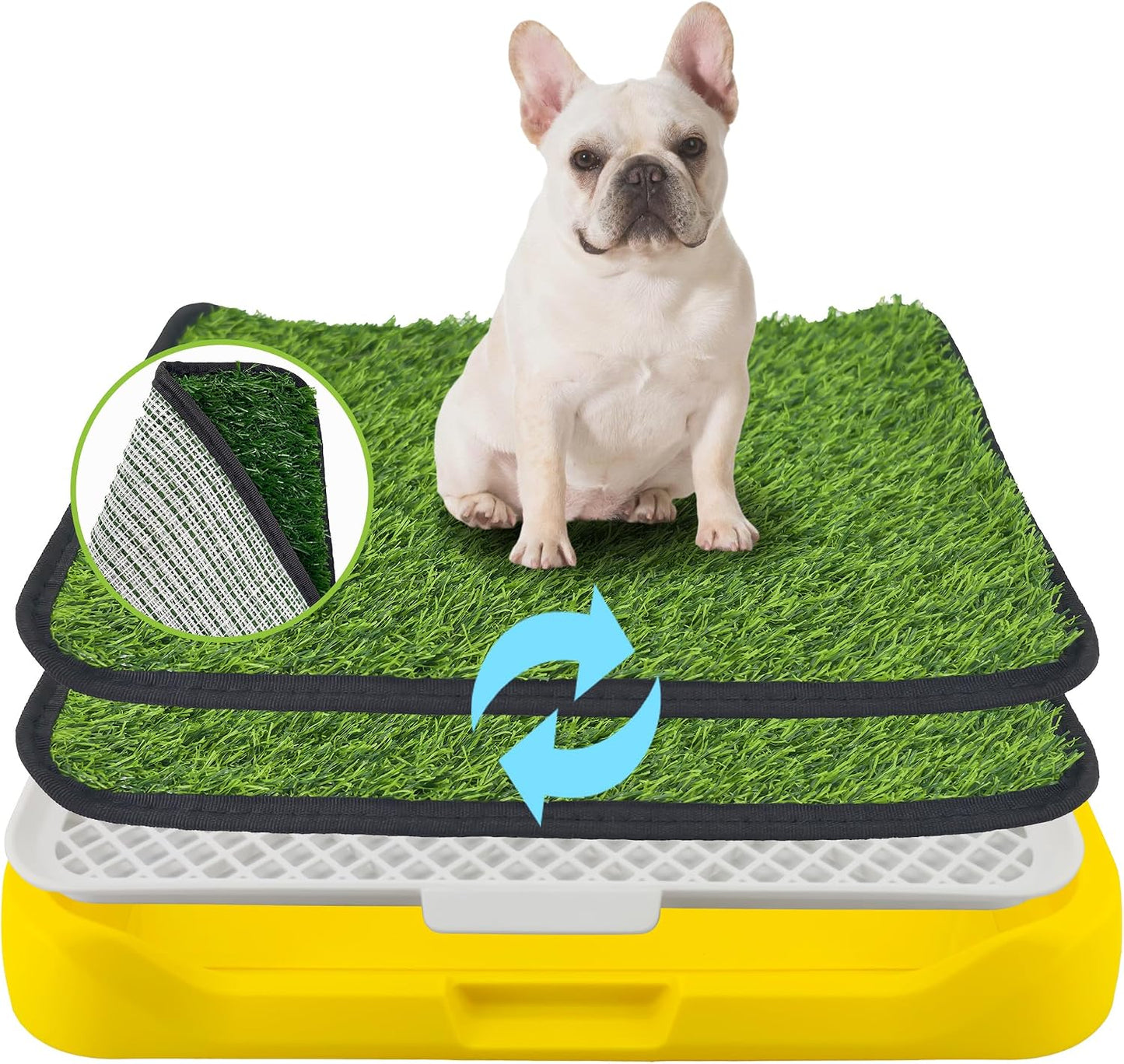 2Pack 18"x14" Artificial Dog Grass Potty Pad with Tray Woven Backing | Yellow Reusable Washable Pee Pad Holder, Portable Non-Slip Training Litter Box for Small Dogs Indoor Potty Training