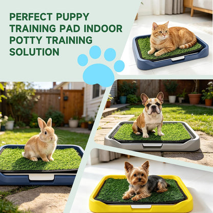 2Pack 18"x14" Artificial Dog Grass Potty Pad with Tray Woven Backing | Yellow Reusable Washable Pee Pad Holder, Portable Non-Slip Training Litter Box for Small Dogs Indoor Potty Training