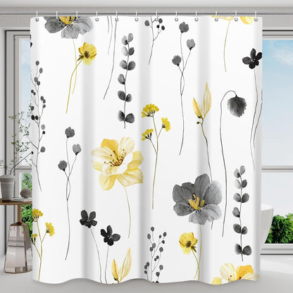 Shower Curtains for Bathroom with Hooks | Watercolor Floral Farmhouse Style Water Repellent Washable, Yellow Gray, 72"W x 72"L