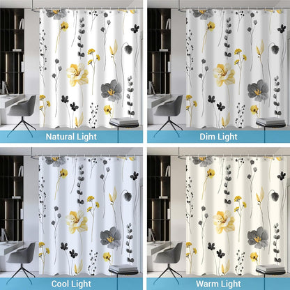 Shower Curtains for Bathroom with Hooks | Watercolor Floral Farmhouse Style Water Repellent Washable, Yellow Gray, 72"W x 72"L
