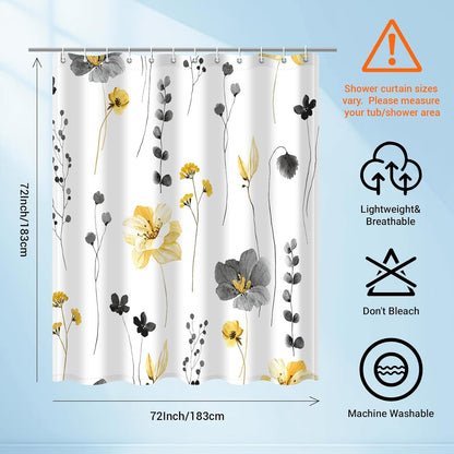 Shower Curtains for Bathroom with Hooks | Watercolor Floral Farmhouse Style Water Repellent Washable, Yellow Gray, 72"W x 72"L