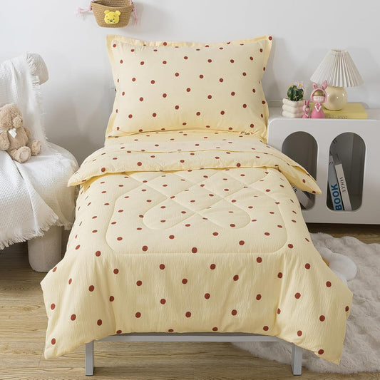 Polka Dots Yellow Toddler Bedding Set 4 Pieces Kids Comforter Set | Vintage Crib Comforter Set, Includes Comforter, Fitted Sheet, Flat Sheet & Pillowsham, Polka Dots Nursery Toddler Bedding