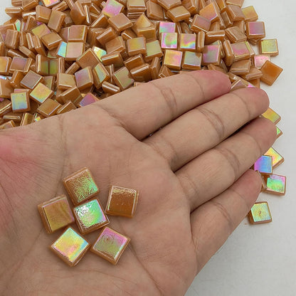 500g/1.1LB Iridescent Ice Jade Glass Mosaic Tiles, 560 Pieces, 2/5 Inch Square Stained Mosaic Tiles for DIY Crafts, Home/Outdoor Mosaic Decoration (Yellow-IA98)