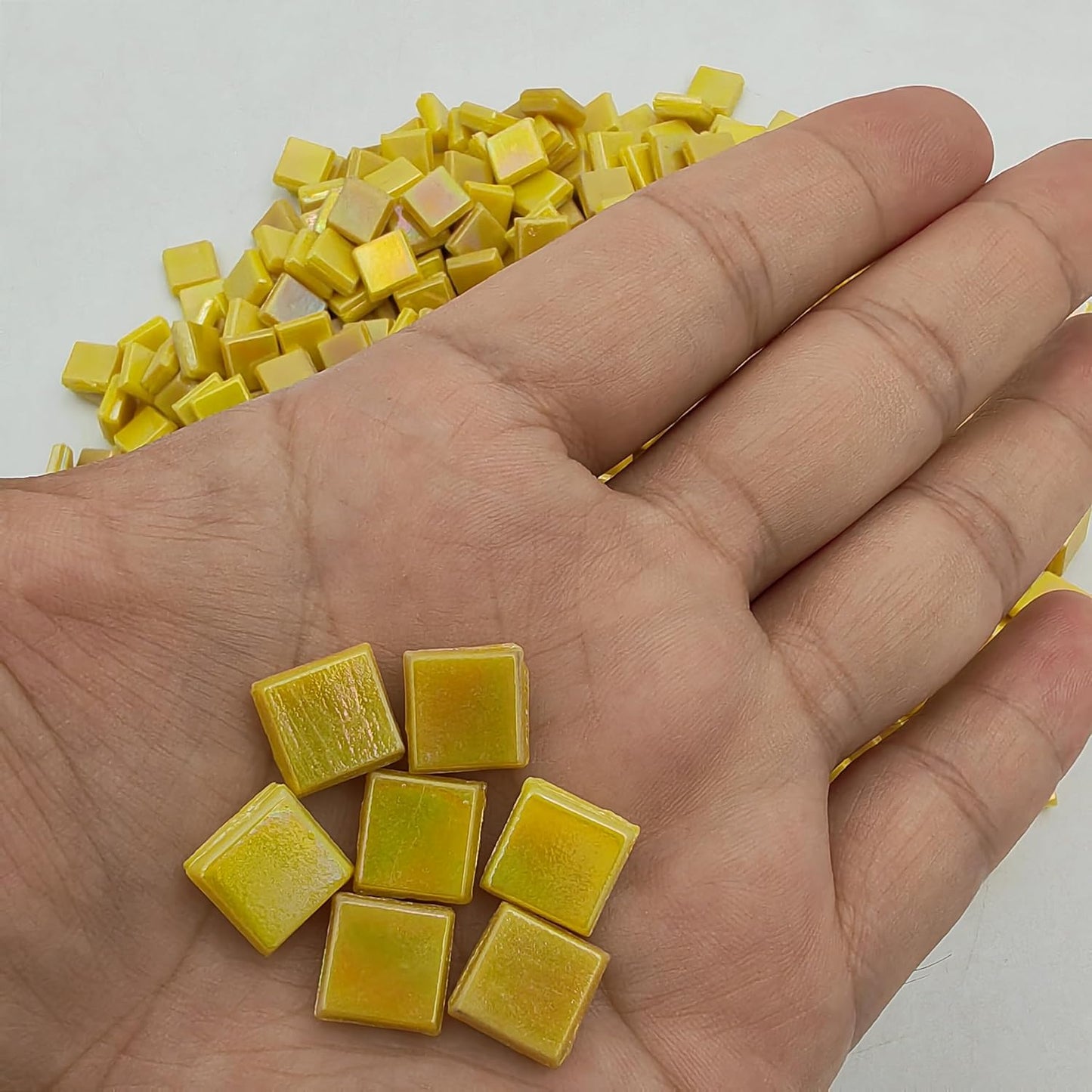 500g/1.1LB Iridescent Ice Jade Glass Mosaic Tiles, 560 Pieces, 2/5 Inch Square Stained Mosaic Tiles for DIY Crafts, Home/Outdoor Mosaic Decoration (Yellow-IA98)