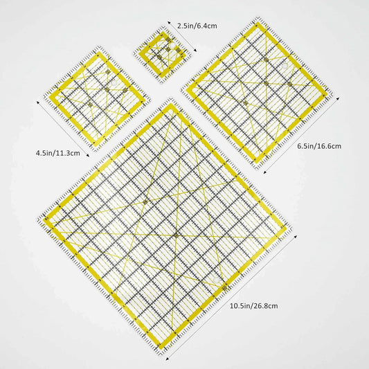 Quilting Rulers Sewing Ruler,Acrylic Quilting Ruler Templates,Precision Cutting Tools for Patchwork Fabric,Sewing Supplies Yellow(2.5"X2.5",4.5"X4.5",6.5"X6.5",10.5"X10.5")