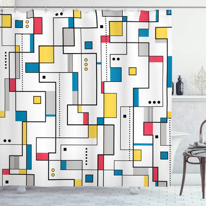 Abstract Shower Curtain, Pattern with Geometric Minimalistic Modern Contemporary Art Elements, Cloth Fabric Bathroom Decor Set with Hooks, 69" W x 75" L, Yellow White