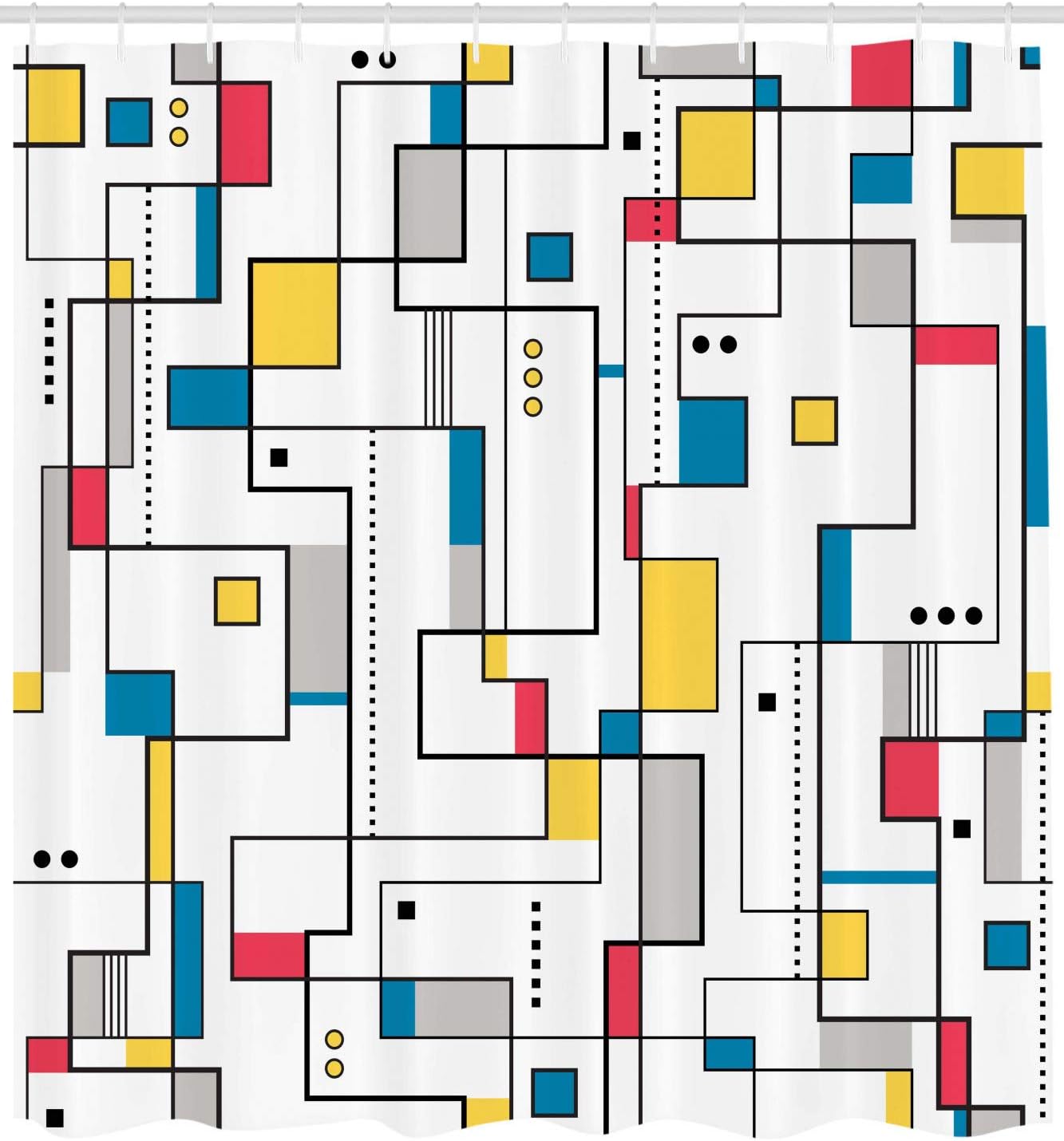 Abstract Shower Curtain, Pattern with Geometric Minimalistic Modern Contemporary Art Elements, Cloth Fabric Bathroom Decor Set with Hooks, 69" W x 75" L, Yellow White