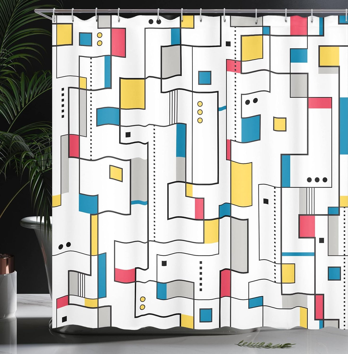 Abstract Shower Curtain, Pattern with Geometric Minimalistic Modern Contemporary Art Elements, Cloth Fabric Bathroom Decor Set with Hooks, 69" W x 75" L, Yellow White