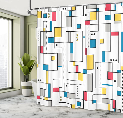 Abstract Shower Curtain, Pattern with Geometric Minimalistic Modern Contemporary Art Elements, Cloth Fabric Bathroom Decor Set with Hooks, 69" W x 75" L, Yellow White
