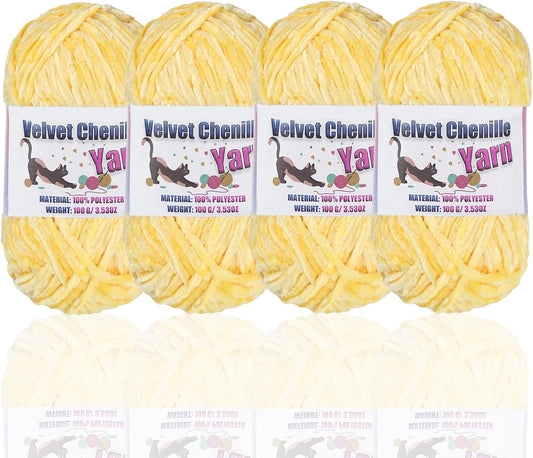 4 * 100g Fluffy Velvet Chenille Yarn for Crocheting and Knitting, Handcrafts Weaving Soft Chenille Yarn for Crocheting Clearance, Used for Making Baby Yarn Blanket, Clothes, DIY Craft (Yellow)