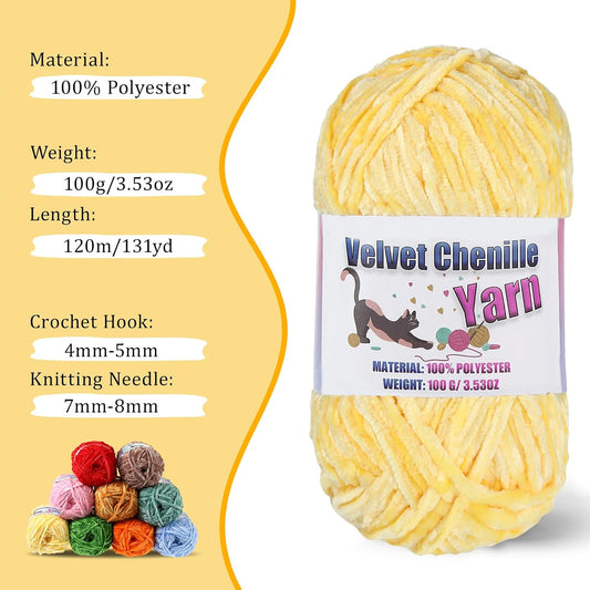 4 * 100g Fluffy Velvet Chenille Yarn for Crocheting and Knitting, Handcrafts Weaving Soft Chenille Yarn for Crocheting Clearance, Used for Making Baby Yarn Blanket, Clothes, DIY Craft (Yellow)