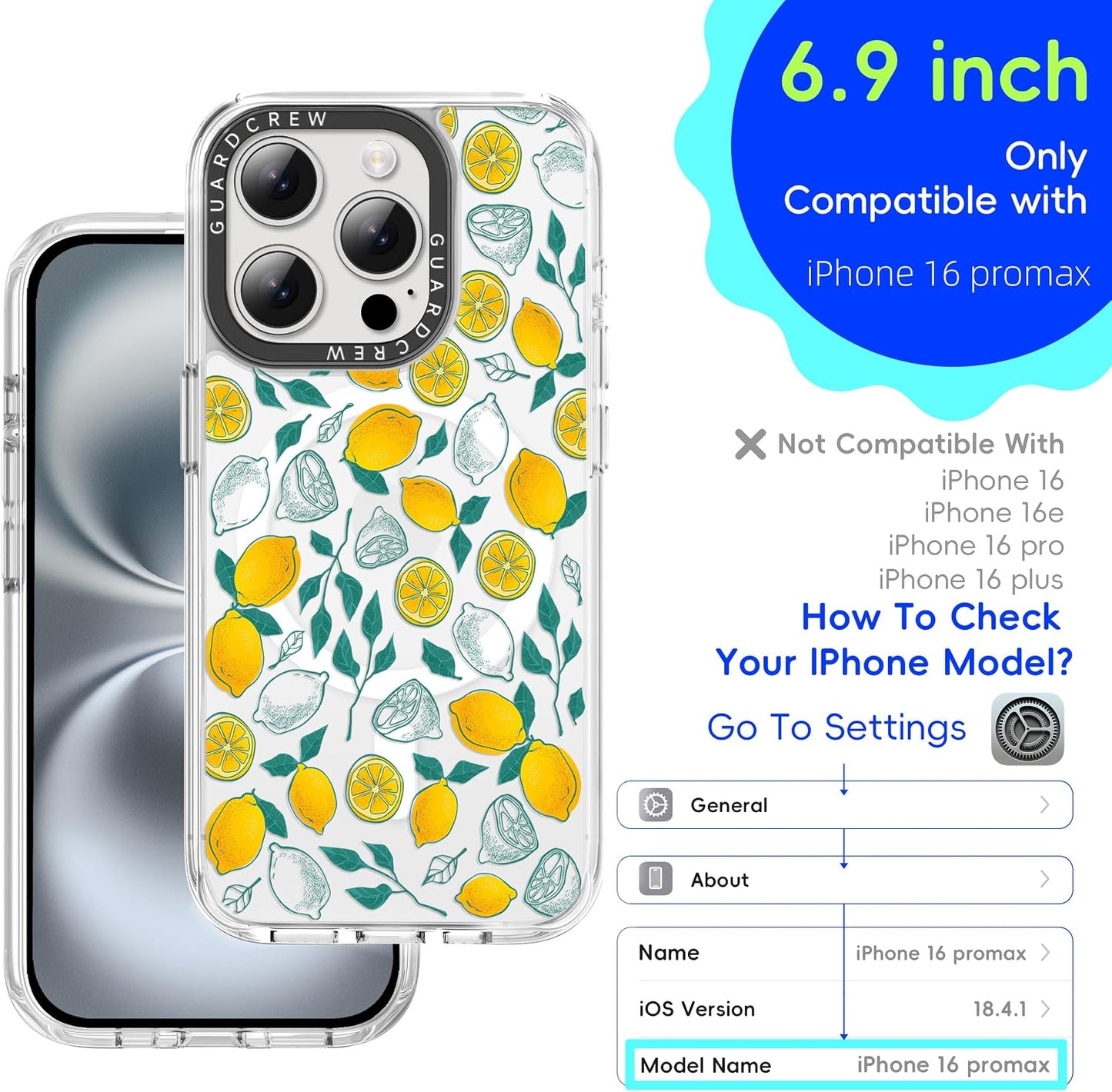 Magnetic for iPhone 16 Pro Max Case, [Fresh Yellow Lemon] Fruit Design for Women Girls, [11FT Military-Grade Drop Tested] Compatible with MagSafe, Slim Shockproof Aesthetic Cover, 6.9"