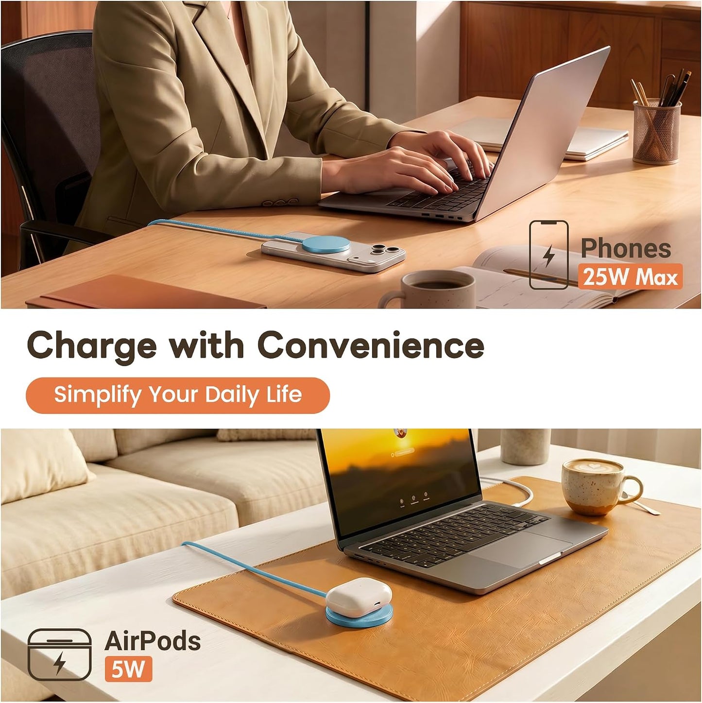 MagSafe 25W Magnetic Wireless Charger Fast Charging Pad for iPhone | Compatible with iPhone 17 17e 16 15 14 Pro Max Google Pixel 10, Slim Compact, For Desk Bedside Travel, Light Yellow - 2Pack