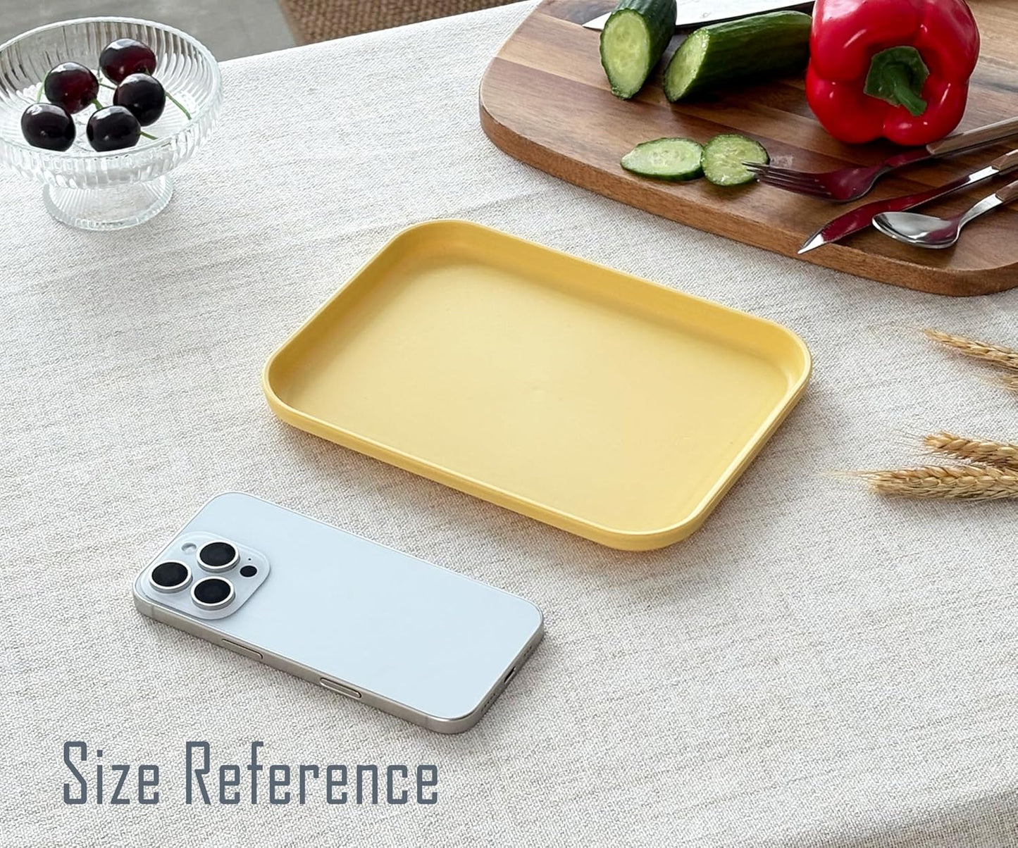 Small Serving Tray Yellow 3 Pack, 7.8" Wheat Straw Plastic Trays | 7.8" x 5.9", Stackable Lightweight, Dishwasher & Microwave Safe, Reusable for Kitchen Cafeteria Party Picnic Camping
