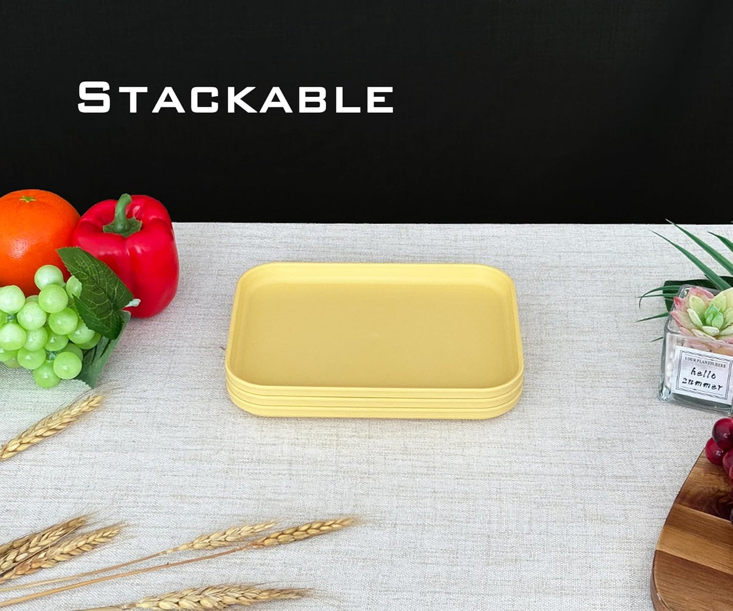 Small Serving Tray Yellow 3 Pack, 7.8" Wheat Straw Plastic Trays | 7.8" x 5.9", Stackable Lightweight, Dishwasher & Microwave Safe, Reusable for Kitchen Cafeteria Party Picnic Camping