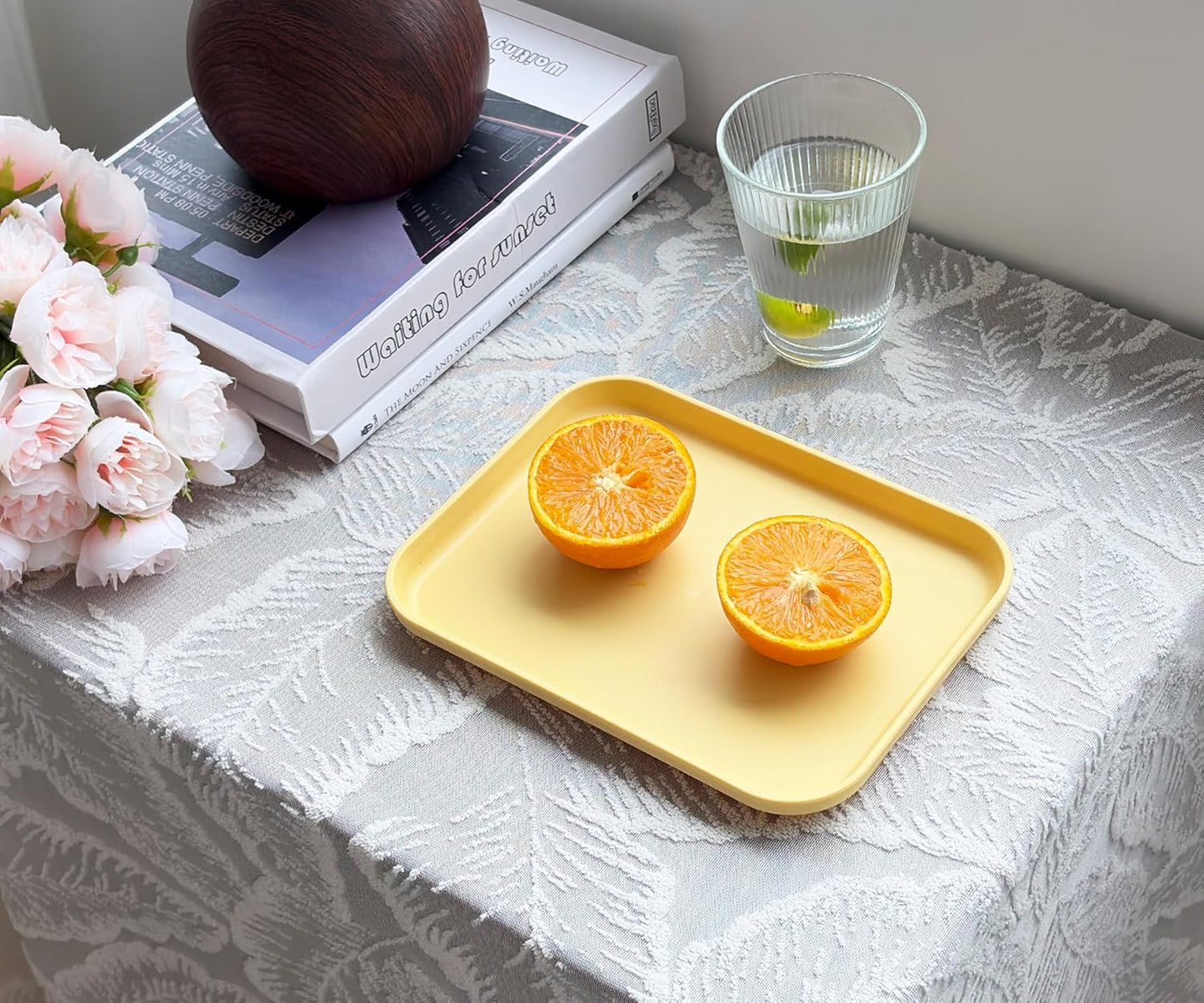 Small Serving Tray Yellow 3 Pack, 7.8" Wheat Straw Plastic Trays | 7.8" x 5.9", Stackable Lightweight, Dishwasher & Microwave Safe, Reusable for Kitchen Cafeteria Party Picnic Camping