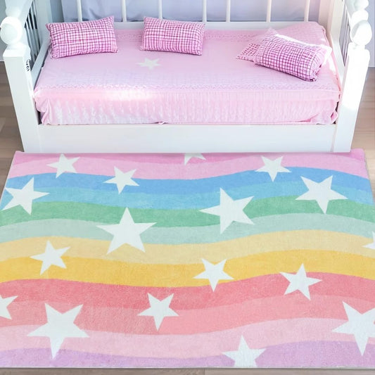 Kids Rug Carpet 3x5Ft - Rainbow Stars Play Mat for Boys Girls Bedroom, Colorful Washable Pink Yellow Blue Stripes, Area Rug for Living Room Playroom Nursery Classroom Decor, Children's Rug