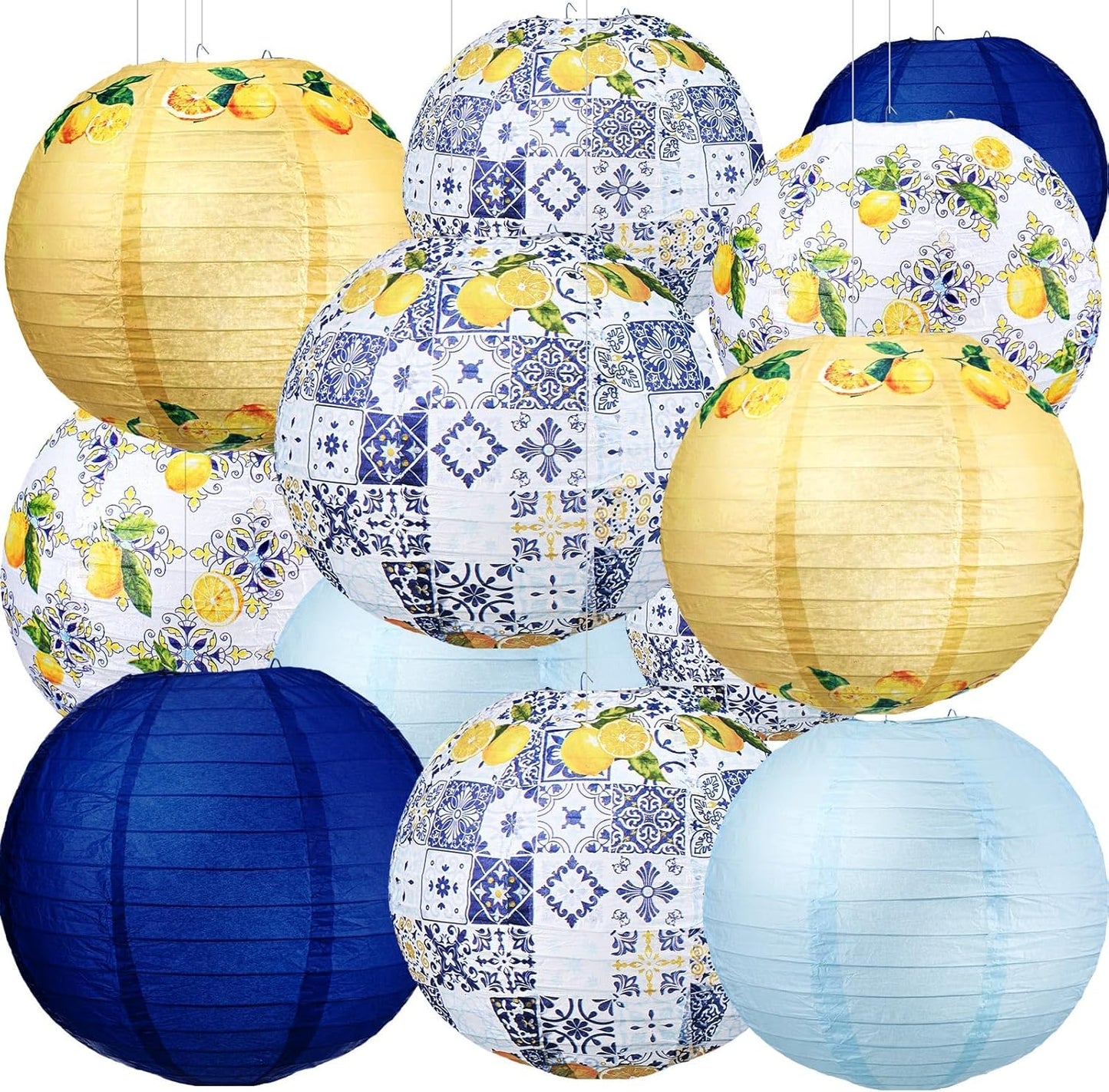 12 Pcs 10'' Capri Lemon Paper Lantern Amalfi Coast Party Decorations Mediterranean Decor Italy Greece Wedding Bridal Shower Yellow Blue Tiles Decor for Capri Birthday Ciao Baby Shower Bar