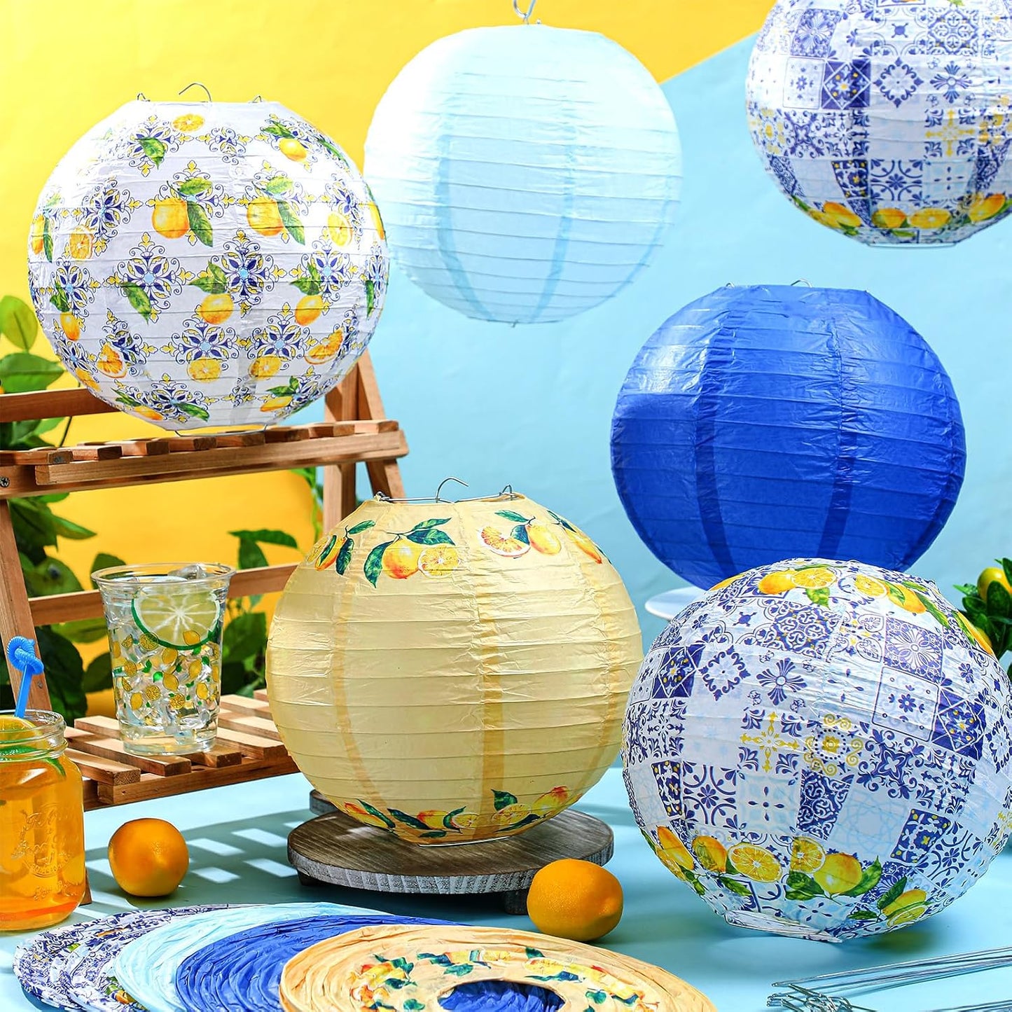 12 Pcs 10'' Capri Lemon Paper Lantern Amalfi Coast Party Decorations Mediterranean Decor Italy Greece Wedding Bridal Shower Yellow Blue Tiles Decor for Capri Birthday Ciao Baby Shower Bar