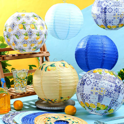 12 Pcs 10'' Capri Lemon Paper Lantern Amalfi Coast Party Decorations Mediterranean Decor Italy Greece Wedding Bridal Shower Yellow Blue Tiles Decor for Capri Birthday Ciao Baby Shower Bar