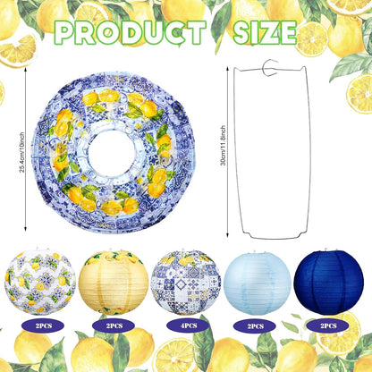 12 Pcs 10'' Capri Lemon Paper Lantern Amalfi Coast Party Decorations Mediterranean Decor Italy Greece Wedding Bridal Shower Yellow Blue Tiles Decor for Capri Birthday Ciao Baby Shower Bar