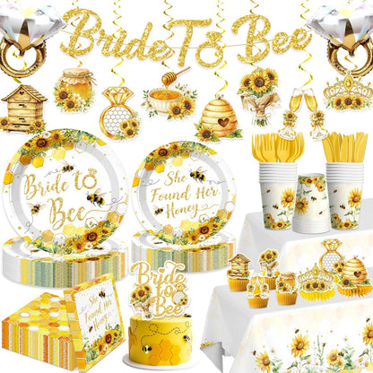 191pcs She Found Her Honey Bridal Shower Complete Tableware Set | Easy Set Up, for 25 Guests, Pre-strung Banner, 300 gsm Thick Paper Plates, Waterproof Tablecloth, Disposable, HD Printed