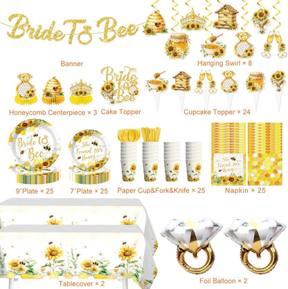 191pcs She Found Her Honey Bridal Shower Complete Tableware Set | Easy Set Up, for 25 Guests, Pre-strung Banner, 300 gsm Thick Paper Plates, Waterproof Tablecloth, Disposable, HD Printed