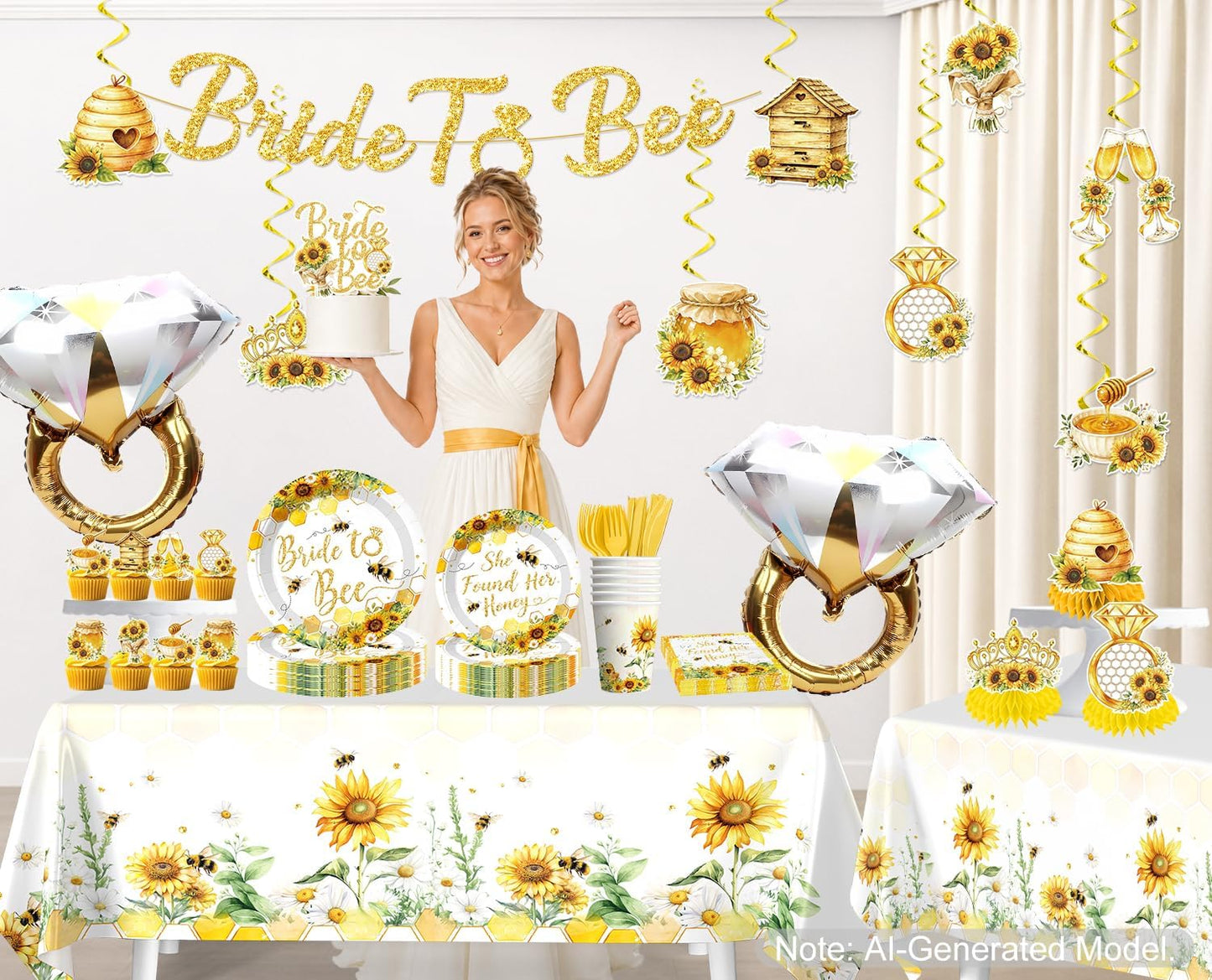 191pcs She Found Her Honey Bridal Shower Complete Tableware Set | Easy Set Up, for 25 Guests, Pre-strung Banner, 300 gsm Thick Paper Plates, Waterproof Tablecloth, Disposable, HD Printed