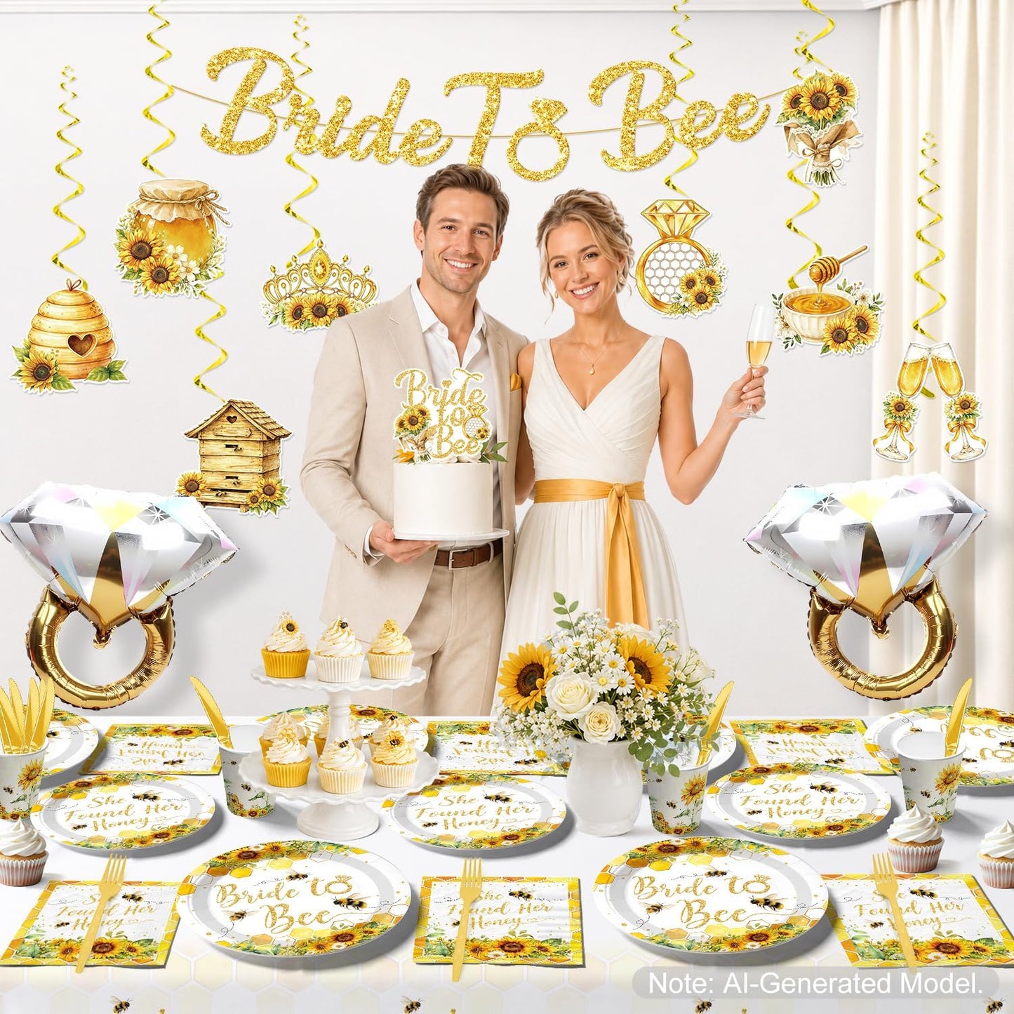 191pcs She Found Her Honey Bridal Shower Complete Tableware Set | Easy Set Up, for 25 Guests, Pre-strung Banner, 300 gsm Thick Paper Plates, Waterproof Tablecloth, Disposable, HD Printed