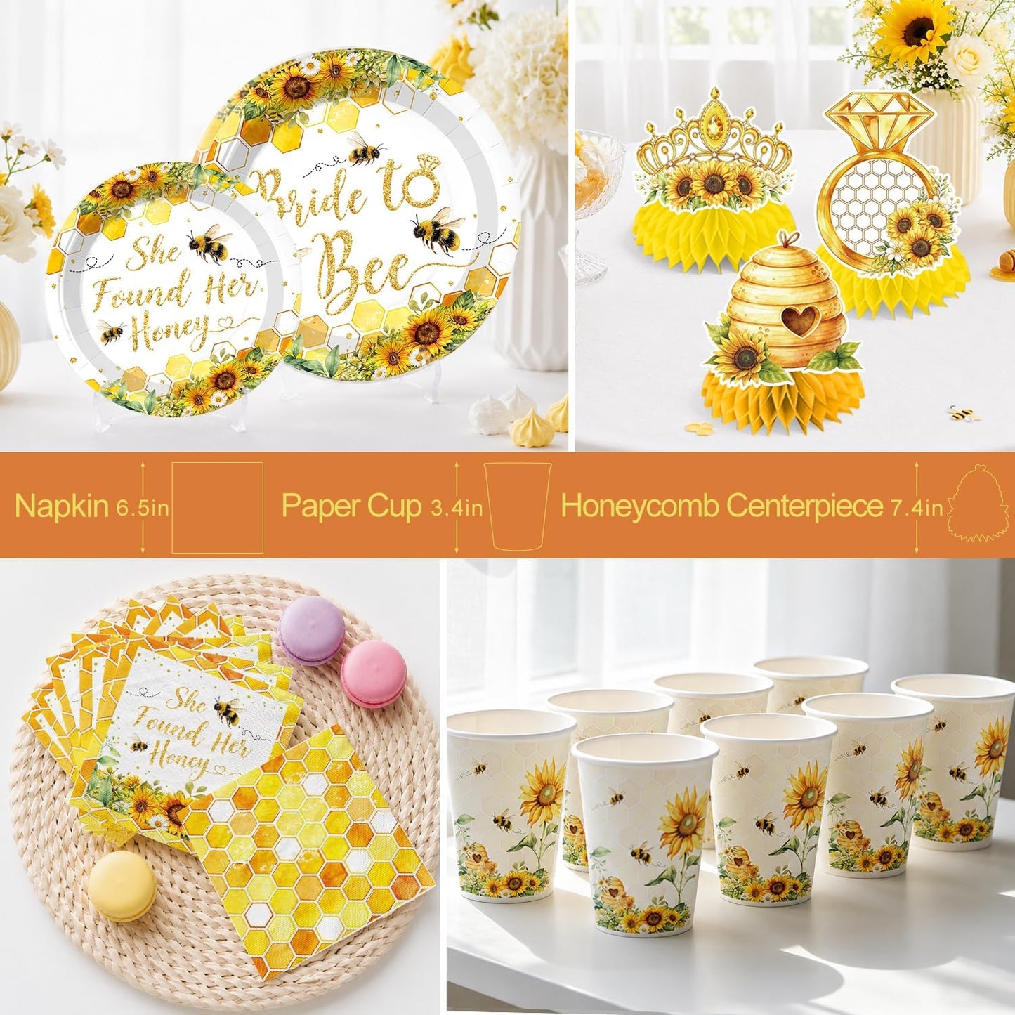 191pcs She Found Her Honey Bridal Shower Complete Tableware Set | Easy Set Up, for 25 Guests, Pre-strung Banner, 300 gsm Thick Paper Plates, Waterproof Tablecloth, Disposable, HD Printed