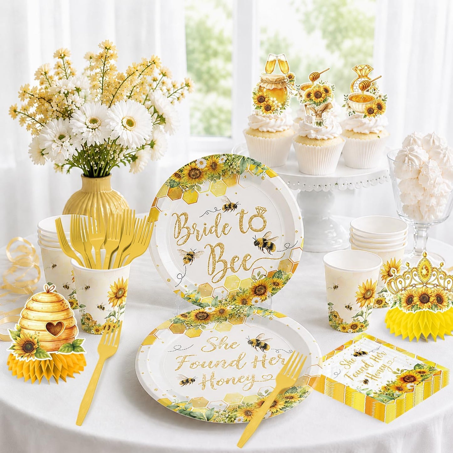191pcs She Found Her Honey Bridal Shower Complete Tableware Set | Easy Set Up, for 25 Guests, Pre-strung Banner, 300 gsm Thick Paper Plates, Waterproof Tablecloth, Disposable, HD Printed
