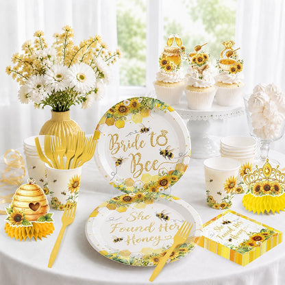 191pcs She Found Her Honey Bridal Shower Complete Tableware Set | Easy Set Up, for 25 Guests, Pre-strung Banner, 300 gsm Thick Paper Plates, Waterproof Tablecloth, Disposable, HD Printed