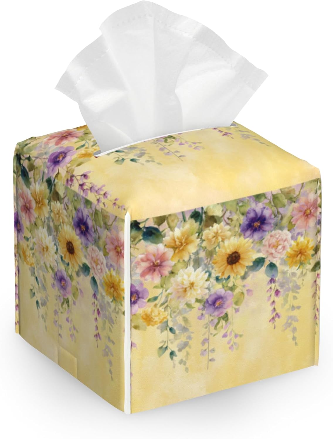 Tissue Box Cover, Yellow Wisteria Flowers Tissue Box Holder Waterproof Leather Facial Paper Organizer Dispenser for Bathroom Home Car Nightstand Vanity