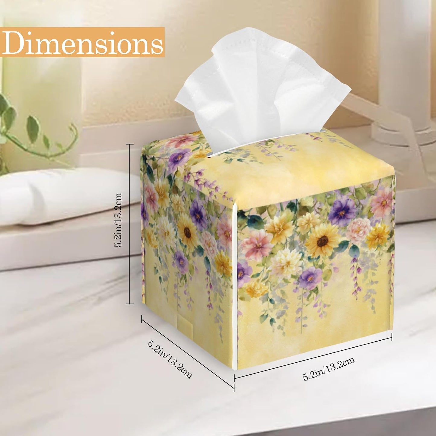 Tissue Box Cover, Yellow Wisteria Flowers Tissue Box Holder Waterproof Leather Facial Paper Organizer Dispenser for Bathroom Home Car Nightstand Vanity