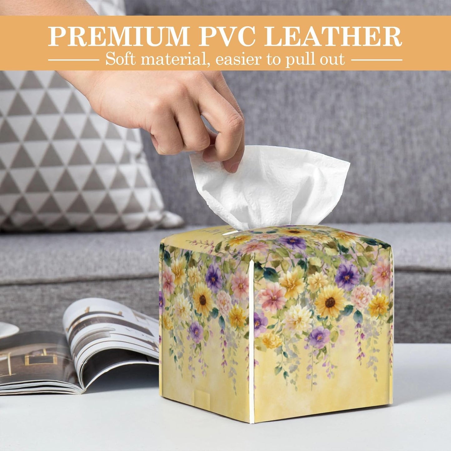 Tissue Box Cover, Yellow Wisteria Flowers Tissue Box Holder Waterproof Leather Facial Paper Organizer Dispenser for Bathroom Home Car Nightstand Vanity