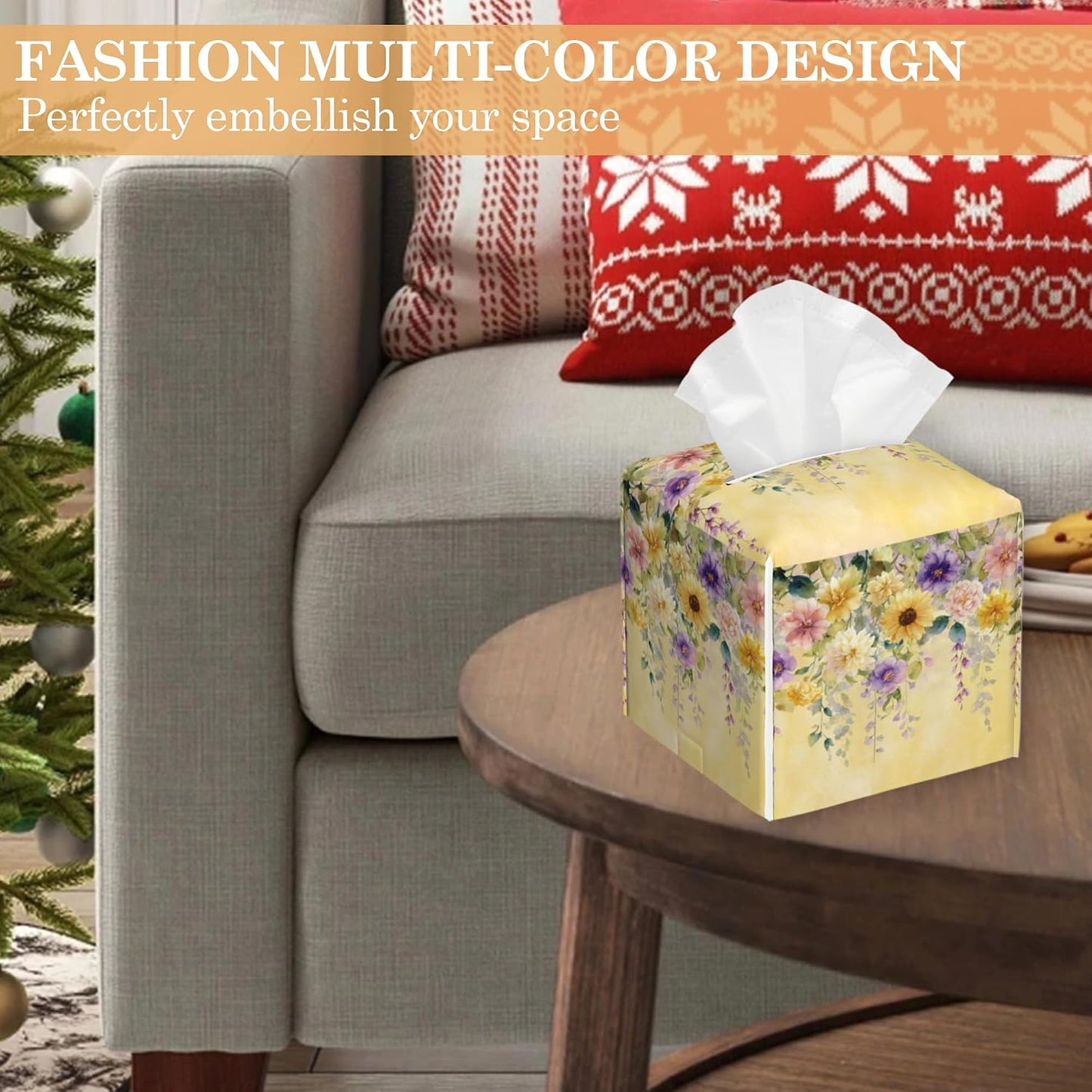 Tissue Box Cover, Yellow Wisteria Flowers Tissue Box Holder Waterproof Leather Facial Paper Organizer Dispenser for Bathroom Home Car Nightstand Vanity