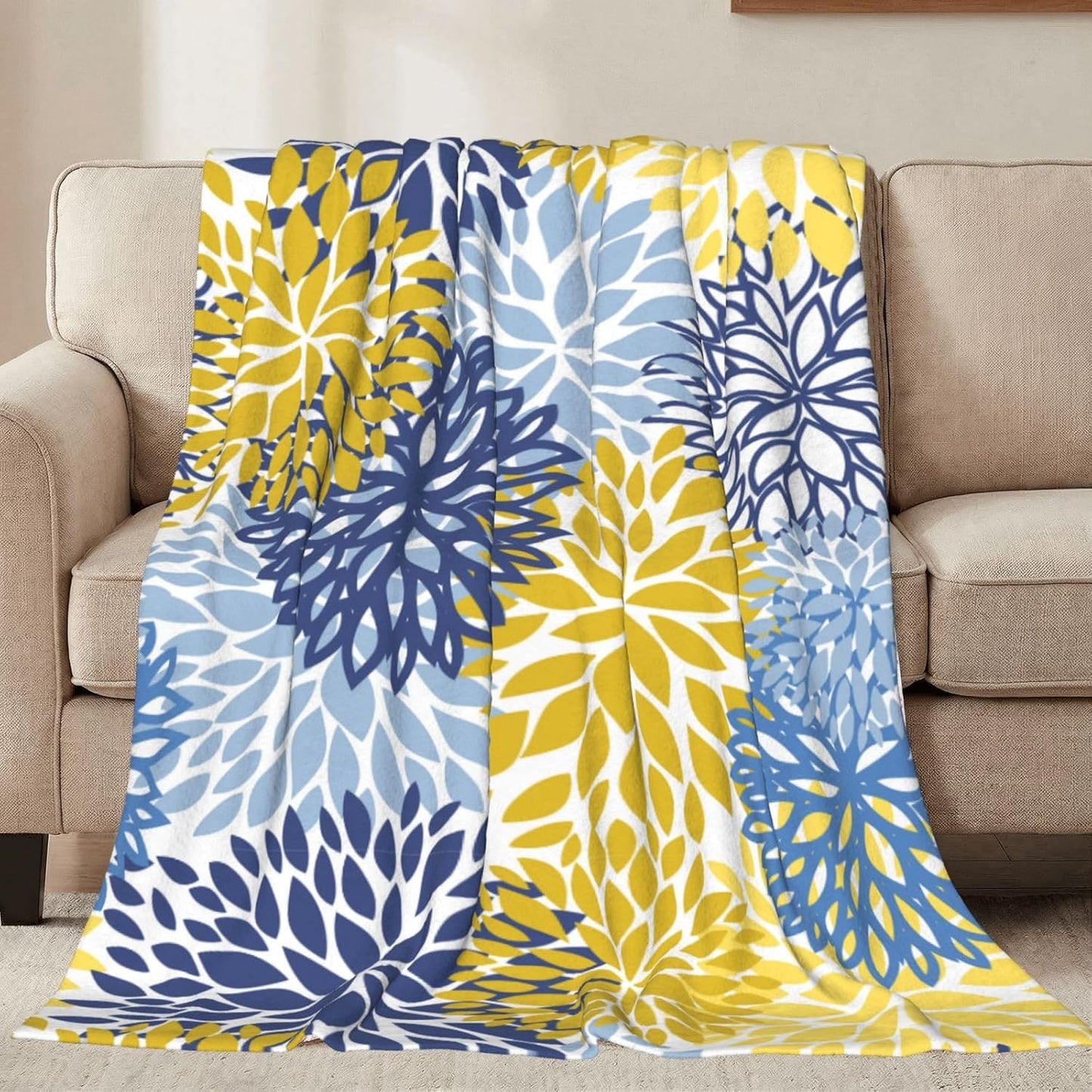 Blue Yellow and Navy Chrysanthemum Flowers Throw Blankets All Season Ultra Soft Warm Daisy Floral Fleece Blanket for Home Bed Sofa Couch Chair Outdoor Travel Camping 80x60 Inch