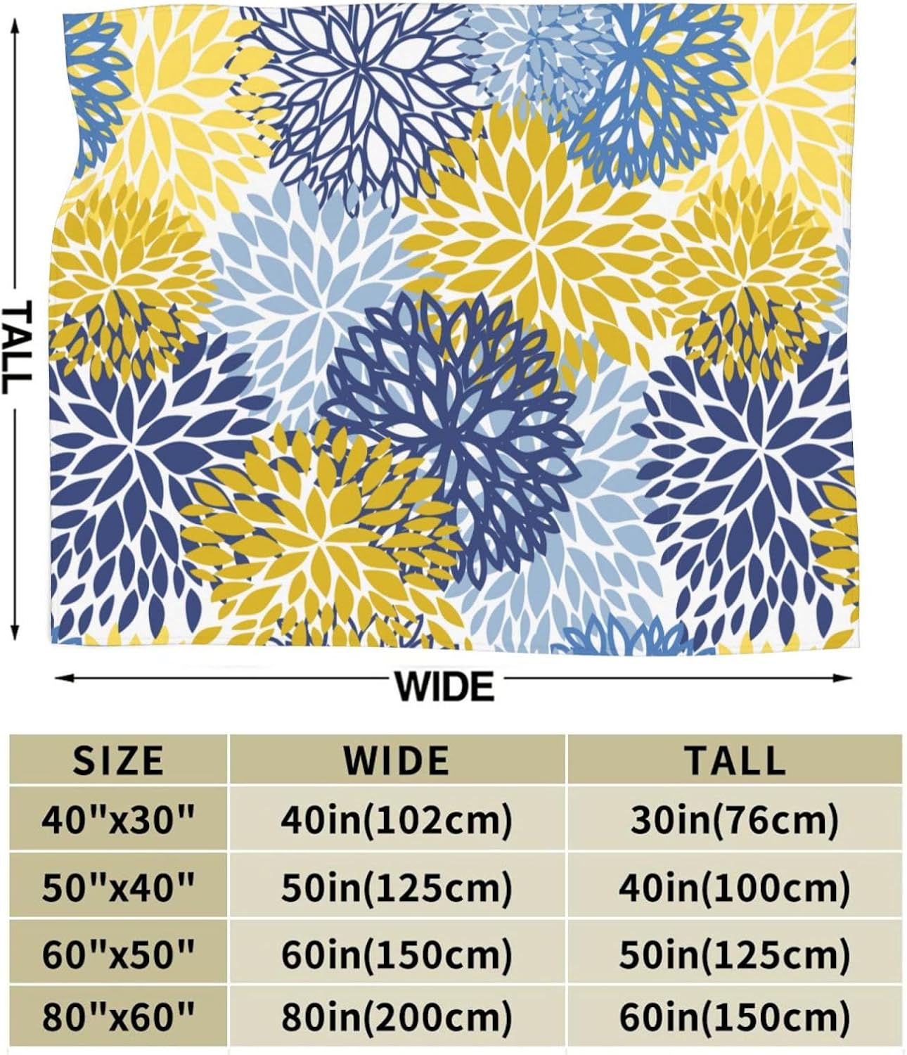 Blue Yellow and Navy Chrysanthemum Flowers Throw Blankets All Season Ultra Soft Warm Daisy Floral Fleece Blanket for Home Bed Sofa Couch Chair Outdoor Travel Camping 80x60 Inch