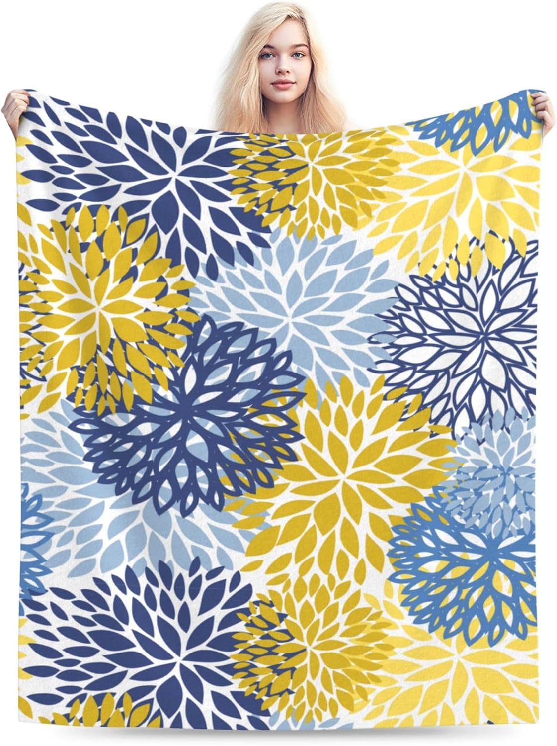 Blue Yellow and Navy Chrysanthemum Flowers Throw Blankets All Season Ultra Soft Warm Daisy Floral Fleece Blanket for Home Bed Sofa Couch Chair Outdoor Travel Camping 80x60 Inch