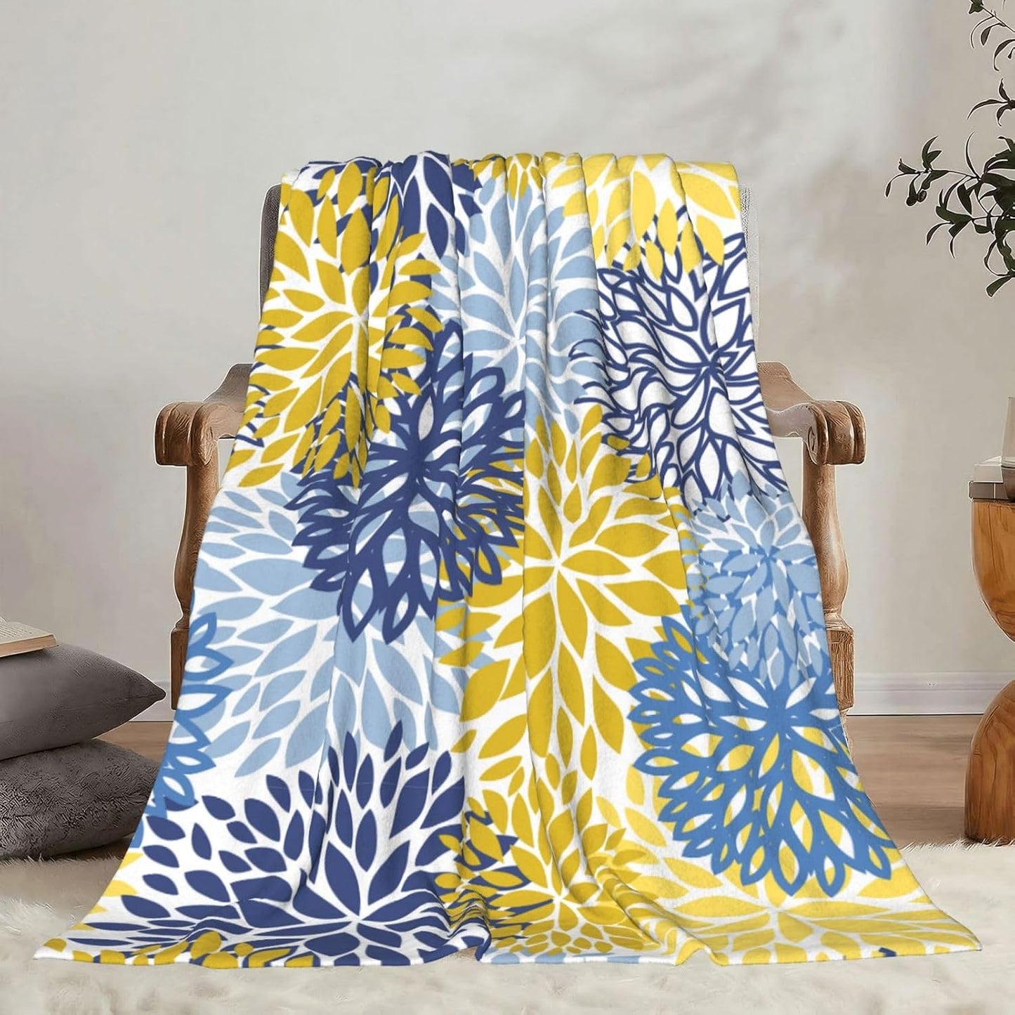 Blue Yellow and Navy Chrysanthemum Flowers Throw Blankets All Season Ultra Soft Warm Daisy Floral Fleece Blanket for Home Bed Sofa Couch Chair Outdoor Travel Camping 80x60 Inch