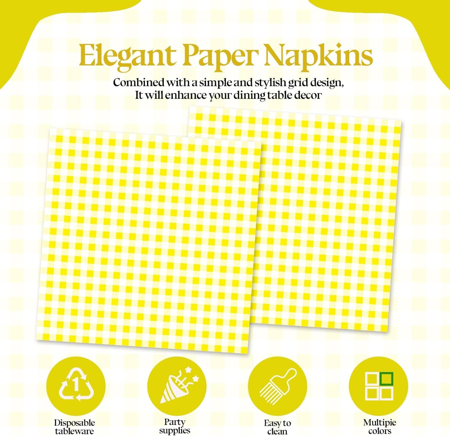 50 Pcs Yellow Gingham Paper Napkins, Disposable Yellow and White Checkered Luncheon Napkin Plaid Dinner Beverage Napkin for Picnic Baby & Bridal Shower Wedding Birthday Party Decorations