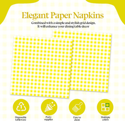 50 Pcs Yellow Gingham Paper Napkins, Disposable Yellow and White Checkered Luncheon Napkin Plaid Dinner Beverage Napkin for Picnic Baby & Bridal Shower Wedding Birthday Party Decorations