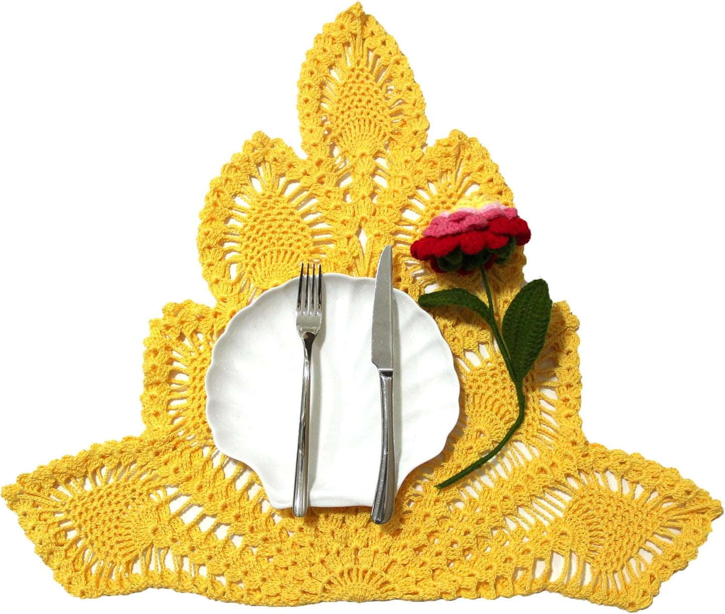 Anniversary Mother's Day Handmade Crochet Pineapple Flower Lace Tablecloth Doily Table Runner Kitchen Dresser Dinner Placemat Bedroom Vase Potted Plant Mat (W 20-23in x L 40-43in, Yellow)