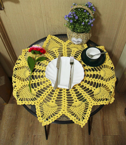 Anniversary Mother's Day Handmade Crochet Pineapple Flower Lace Tablecloth Doily Table Runner Kitchen Dresser Dinner Placemat Bedroom Vase Potted Plant Mat (W 20-23in x L 40-43in, Yellow)