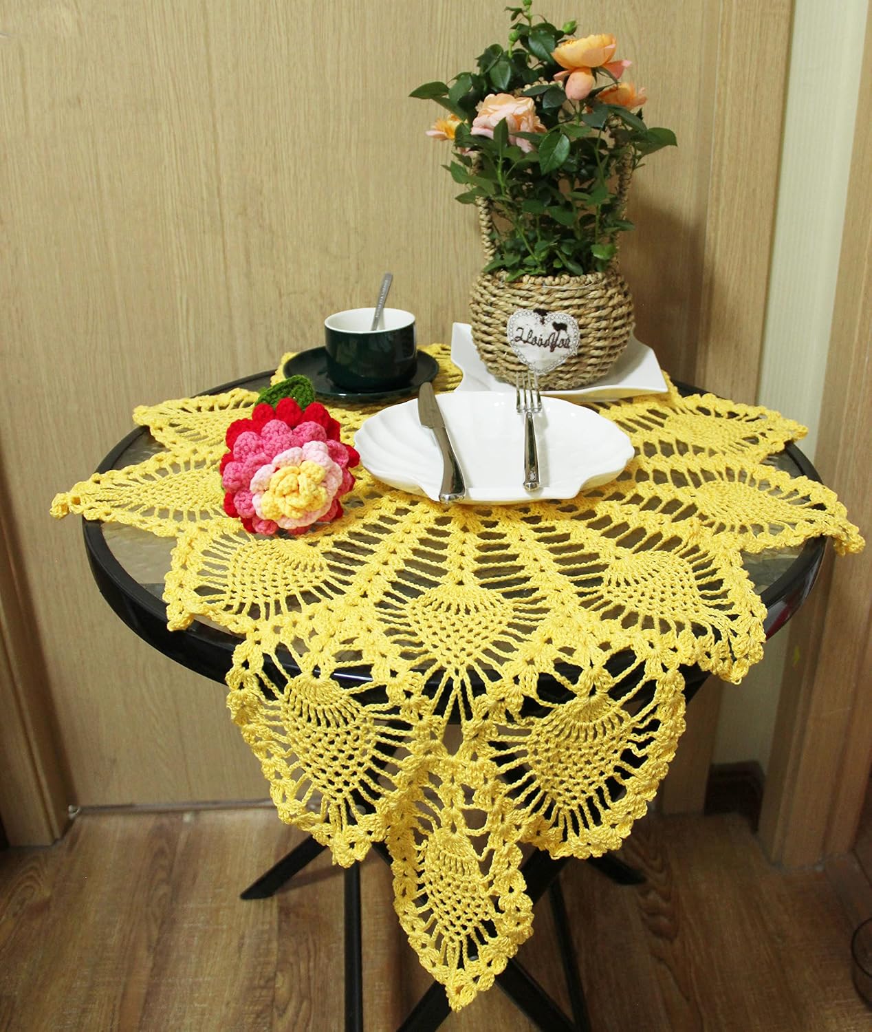 Anniversary Mother's Day Handmade Crochet Pineapple Flower Lace Tablecloth Doily Table Runner Kitchen Dresser Dinner Placemat Bedroom Vase Potted Plant Mat (W 20-23in x L 40-43in, Yellow)