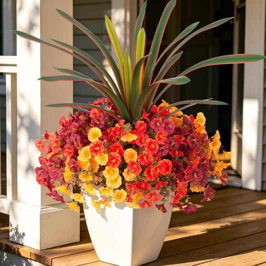 INXUGAO Artificial Fall Flowers UV Fake Orchid Plant Mum for Outdoors Decor | 12 Bundles Morning Glory + Orchid Leaf UV Resistant Silk Flowers Daisy for Outside Porch Planter Patio Decor (Autumn Mixed)