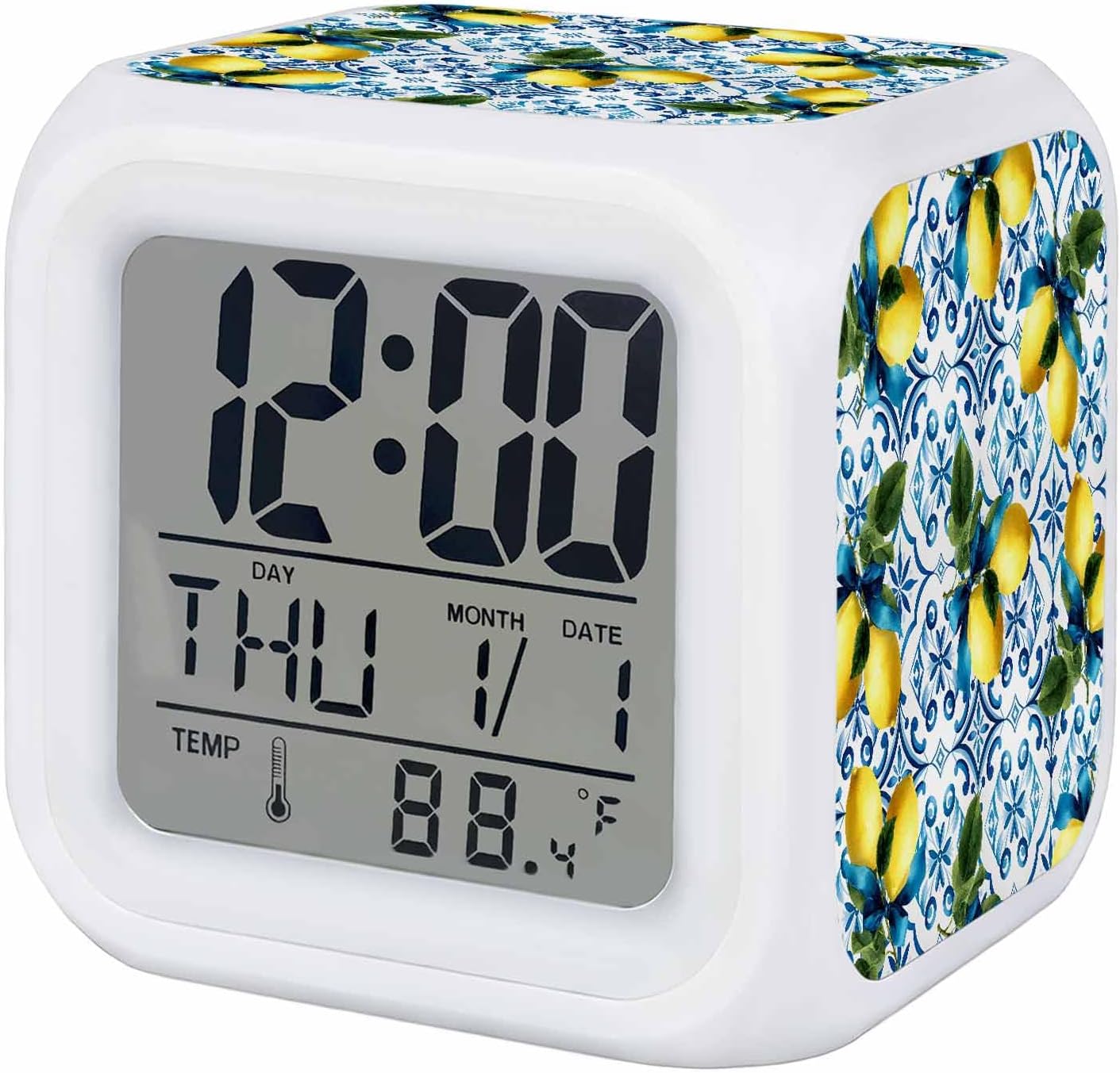 Yellow Lemons Alarm Clock, Watercolor Blue White Blue Mosaic Tiles Bohemian Style Digital Clock Night Light with 7 Color, Calendar Temp 12/24H Display, Snooze Model Silent Desk Clocks for Bedroom