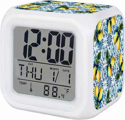 Yellow Lemons Alarm Clock, Watercolor Blue White Blue Mosaic Tiles Bohemian Style Digital Clock Night Light with 7 Color, Calendar Temp 12/24H Display, Snooze Model Silent Desk Clocks for Bedroom