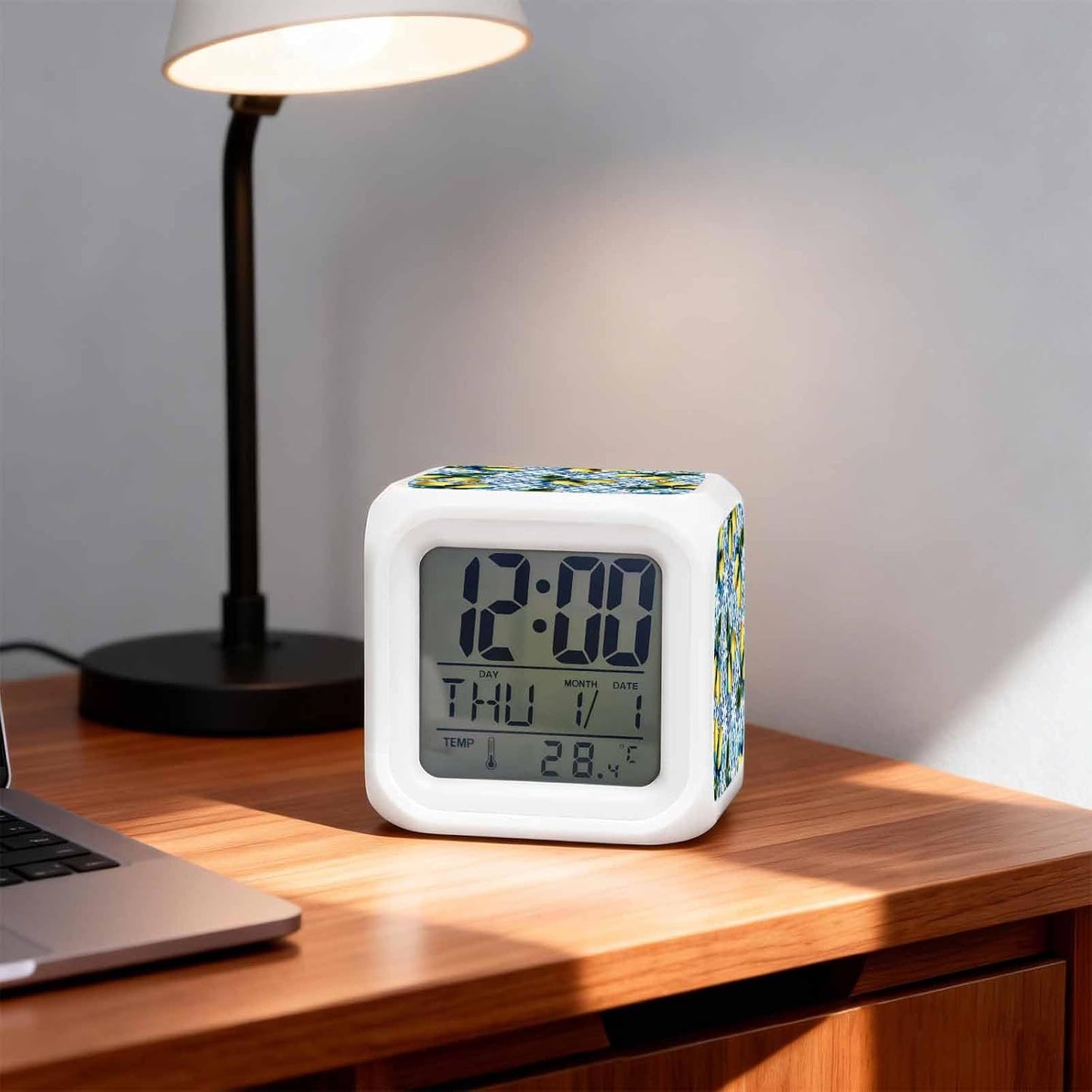 Yellow Lemons Alarm Clock, Watercolor Blue White Blue Mosaic Tiles Bohemian Style Digital Clock Night Light with 7 Color, Calendar Temp 12/24H Display, Snooze Model Silent Desk Clocks for Bedroom